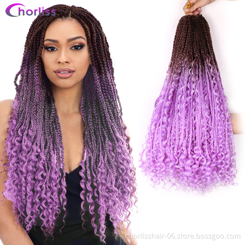 Wholesale Ombre Messy Goddess Boho Braided Bohemian Box Braids With Curls Un-ruly Synthetic Crochet Hair Extension For Woman